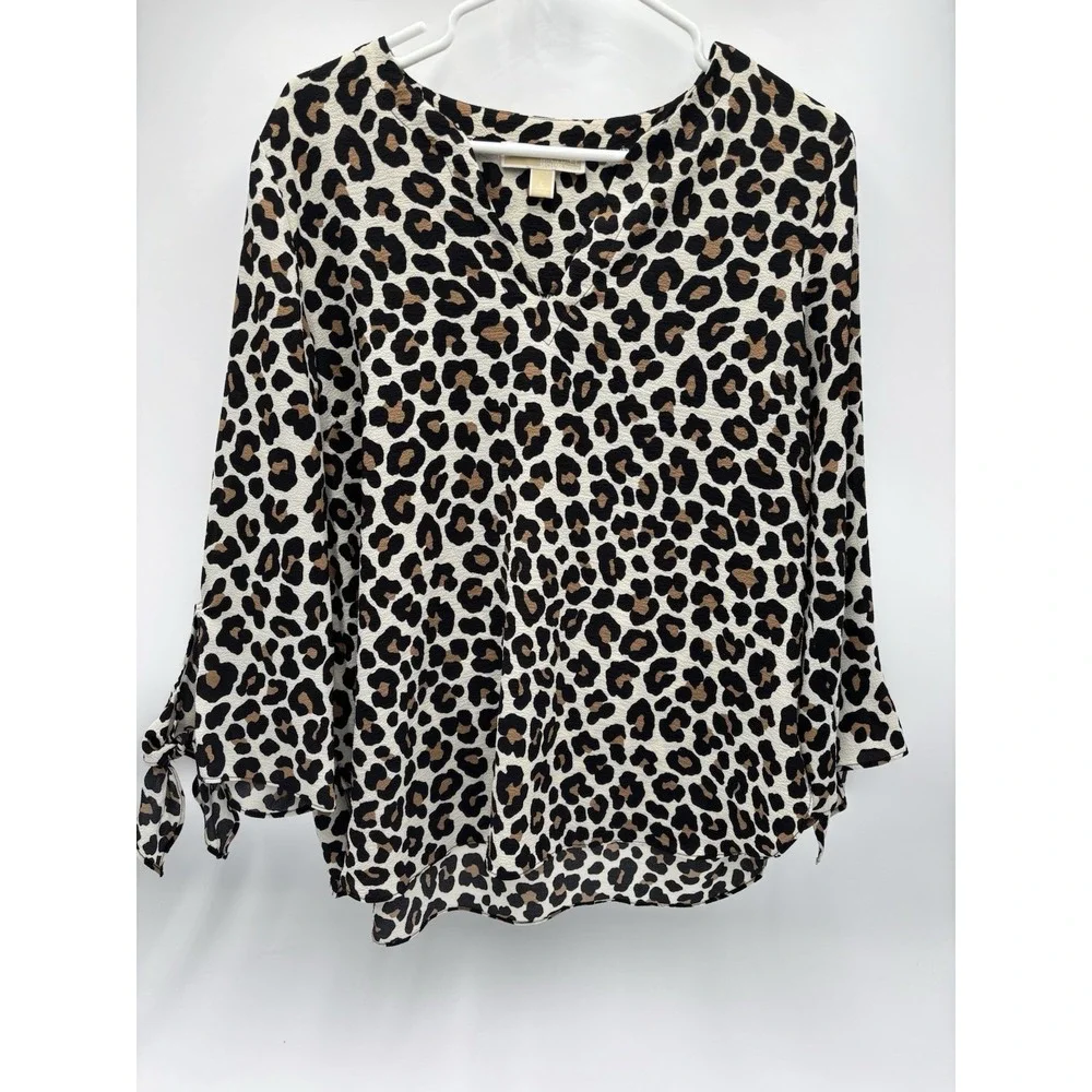 Michael Kors Leopard Print Peasant Blouse Womens Large Tie Sleeve Animal Print